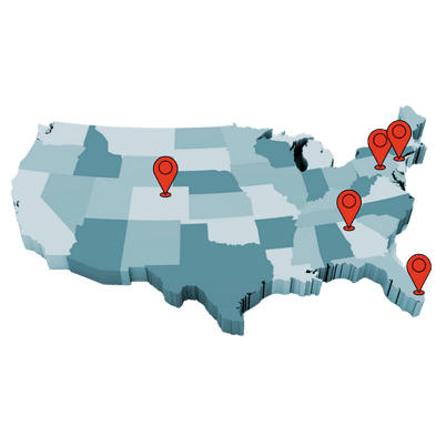 Map of the United States with five red pins in different states