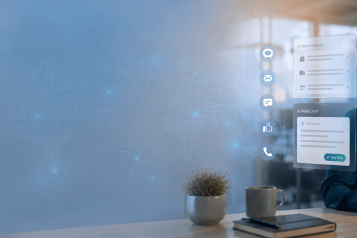 Image générée par l'IA représentant un employé du service client travaillant en parfaite synchronisation avec l'IA